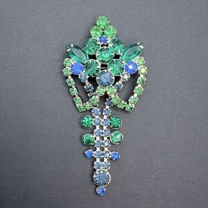 Vintage Blue & Green Crystal Dangle Tassel Brooch Silver Tone Art Deco Style